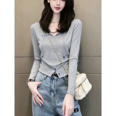 批发德绒螺纹 灰色翻领打底衫女内搭秋季26新款设计感小众长袖上衣服