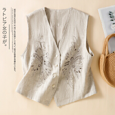 批发实拍新中式重工镂空钉珠刺绣亚麻V领马甲女春夏外穿<b class='q'>背心</b>外套