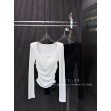 wu33打底衫2025秋新款韩版方领带胸垫设计感长袖T恤修身显瘦上衣