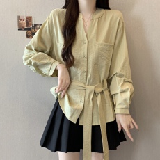 批发实拍~大码2025秋季新款胖mm设计感法式气质V领收腰显瘦长袖衬衫女