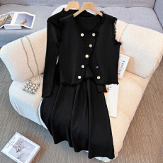 批发实拍大码2025秋冬新款胖mm小香风洋气百搭马甲针织显瘦连衣裙套装