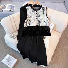 批发实拍大码2025秋冬新款胖mm针织拼接丝绒马甲显瘦百搭针织裙两件套