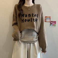 实拍大码2025秋冬新款胖mm字母印花长袖短款减龄针织衫两件套上衣