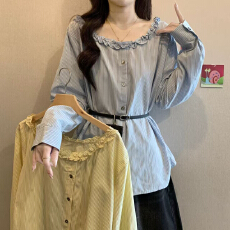 批发法式圆领长袖衬衫女春<b class='q'>秋</b>2026春新款木耳边设计感系带收腰衬衣上衣