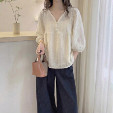 批发法式V领雪纺短袖衬衫女2026夏季大码胖mm遮肚减龄<b class='q'>小衫</b>娃娃衫上衣