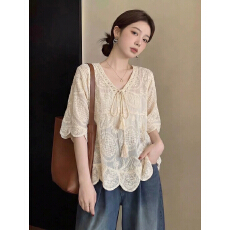 批发波西米亚风V领正肩短袖蕾丝衫女2026<b class='q'>春</b>夏新款大码胖mm度假风上衣