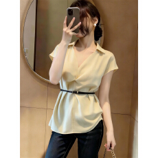批发<b class='q'>韩版</b>设计感翻领扭结腰带<b class='q'>衬衫</b>女夏季大码胖mm轻熟气质百搭别致小衫