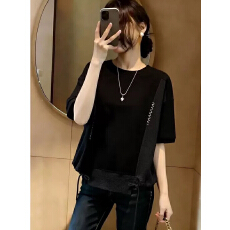 批发高级感欧货黑色正肩短袖T恤女2026<b class='q'>春</b>夏新款大码胖mm下摆抽绳上衣