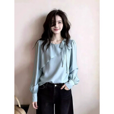 批发高级感醋酸缎面蓝色正肩衬衫女2026春夏新款小衫胖mm洋气减龄上衣