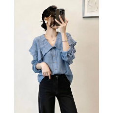 批发高级感薄款蓝色V领正肩衬衫女2026春夏新款大码胖mm气质独特上衣