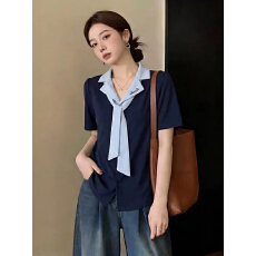 批发藏蓝色polo领<b class='q'>正</b>肩短袖T恤女2026新款夏季大码胖mm显瘦学院风上衣