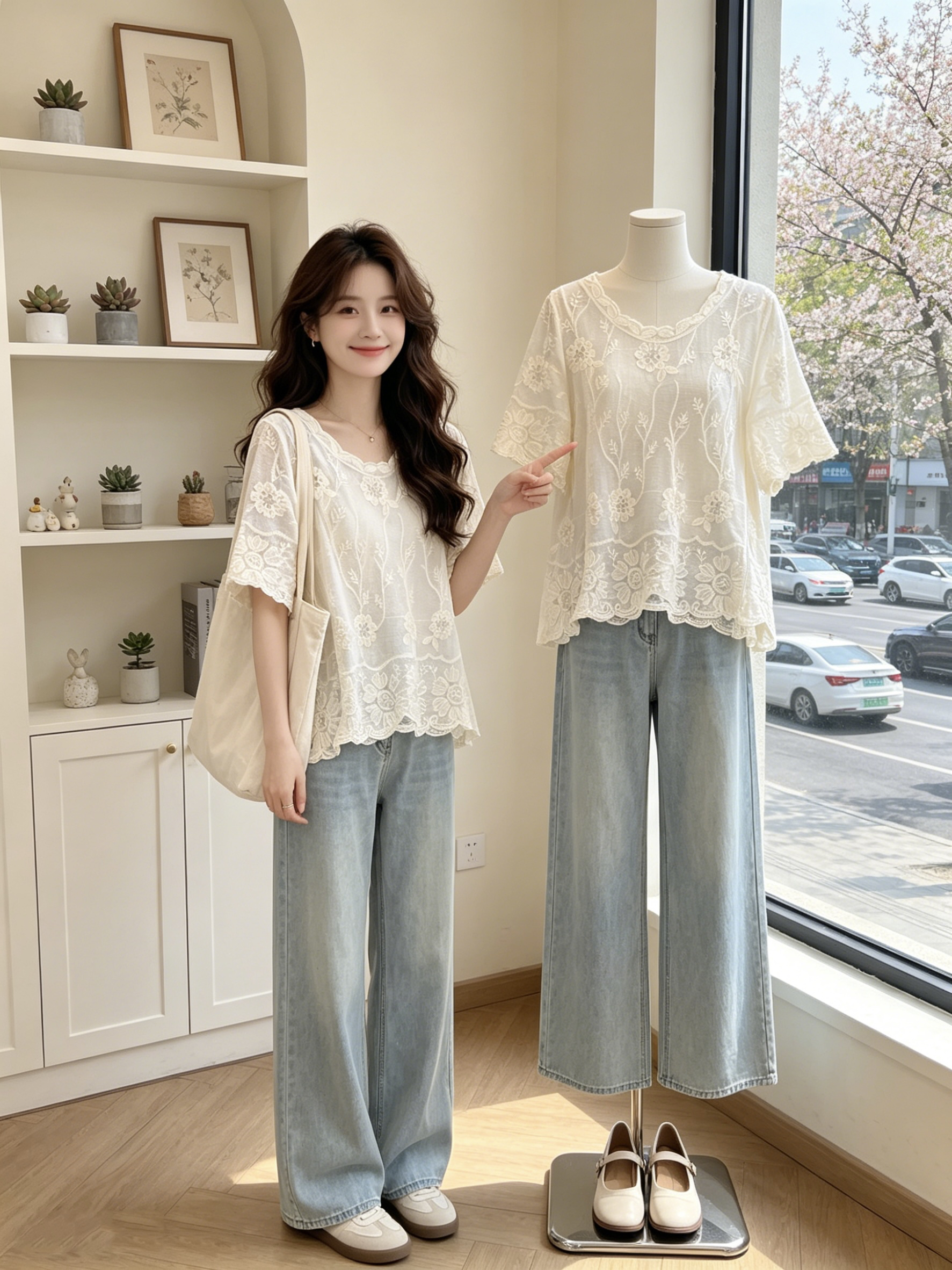 레이스 자카드 V넥 긍정적 인 어깨 반팔 여성 셔츠 2026 여름 새로운 빅 사이즈 마이크로 지방 mm 보헤미안 맨위