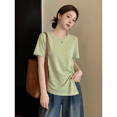 批发牛油果绿色<b class='q'>正</b>肩短袖T恤女2026新款夏大码胖mm收腰显瘦不规则上衣