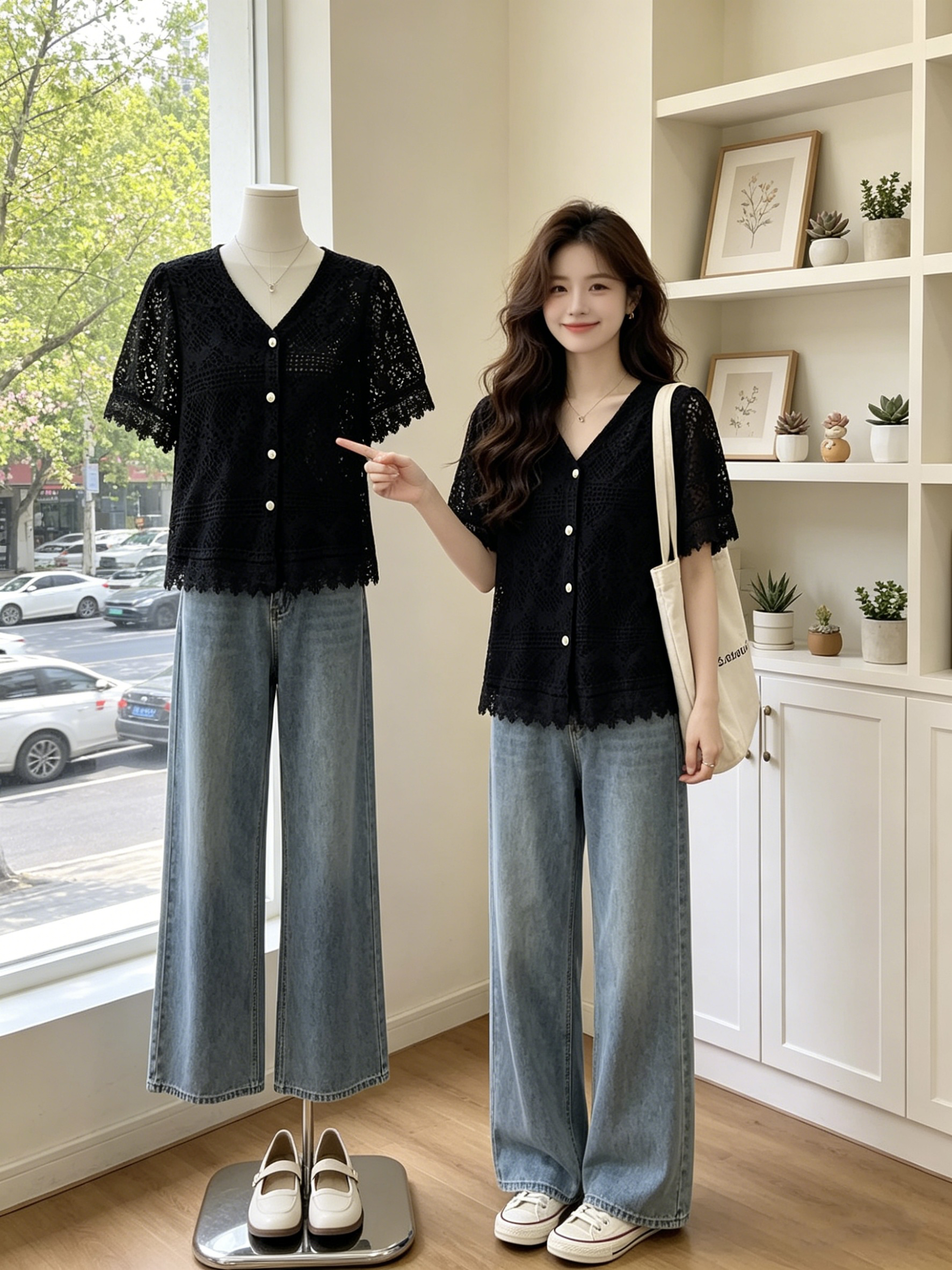 외국 가스 연령 감소 검정색 레이스 셔츠 V넥 반팔 여성 여름 빅 사이즈 지방 mm 고급 작은 셔츠 품격 고유 한 맨위