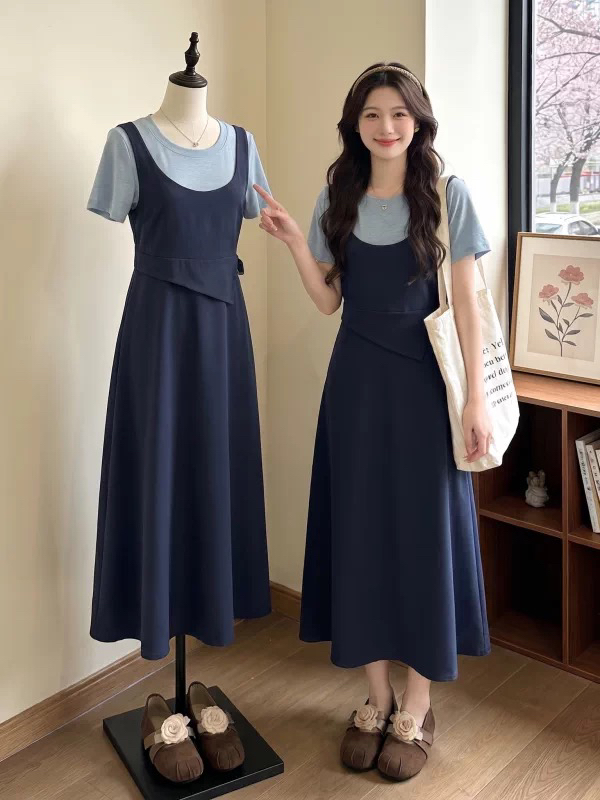 페이크 레이어드 블루 색상 긍정적 인 어깨 드레스 2026 여름 새로운 빅 사이즈 지방 mm 허리 수축 슬림해 보이는 학원 스타일 치마