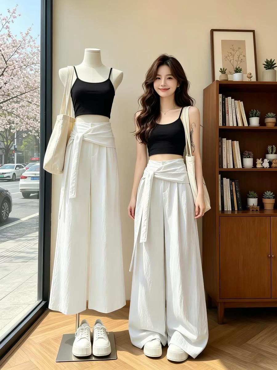 빅 사이즈 페이크 레이어드 스트랩 얼음 실크 와이드 레깅스 바지 여름 얇은 스타일 지방 mm 하이웨이스트 도루 센스 벽오동 캐주얼 바닥 청소 바지