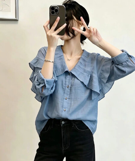 빅 사이즈 파란색 V넥 긍정적 인 어깨 긴팔 여성 셔츠 여름 지방 mm 고급 센스 얇은 스타일 셔츠 품격 고유 한 맨위