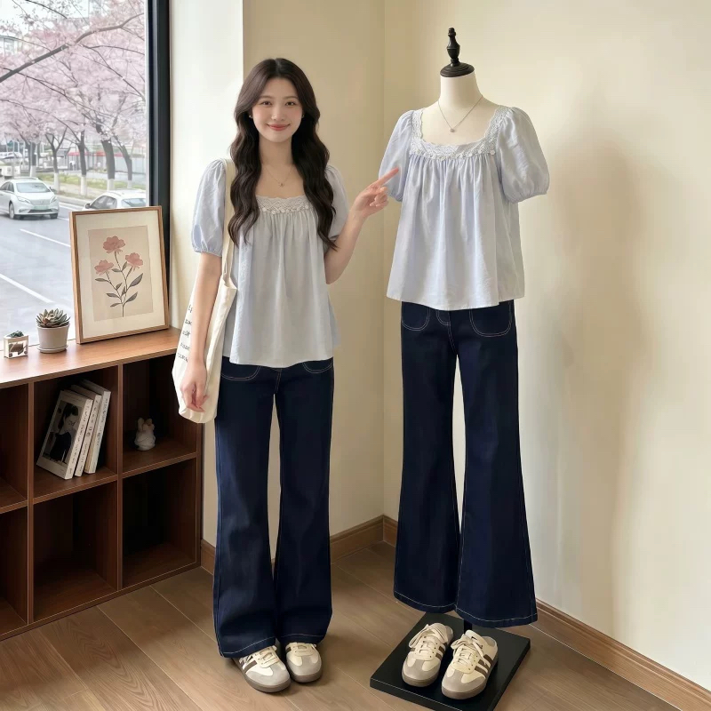 빅 사이즈 지방 mm 여름 드레스 외국 가스 연령 감소 광장 칼라 셔츠 레이스 레이스 디자인 센스 거품 소매 인형 셔츠 맨위 여성