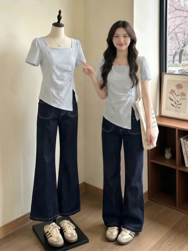 질감 센스 광장 칼라 긍정적 인 어깨 반팔 티셔츠 여성 2026 여름 새로운 빅 사이즈 지방 mm 외국 가스 작은 셔츠 불규칙 맨위