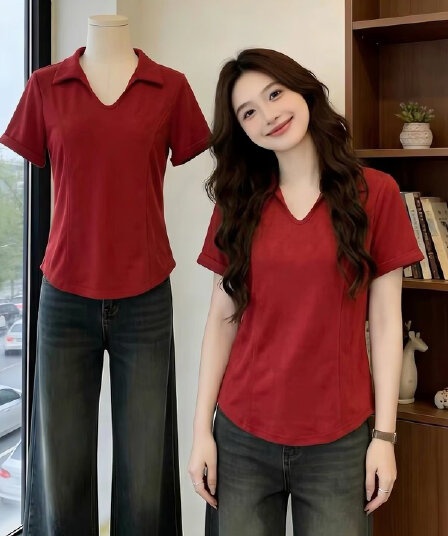 빨간색 POLO 칼라 긍정적 인 어깨 반팔 티셔츠 여성 2026 새로운 여름 빅 사이즈 지방 mm 슬림해 보이는 표지 배 생선뼈 맨위