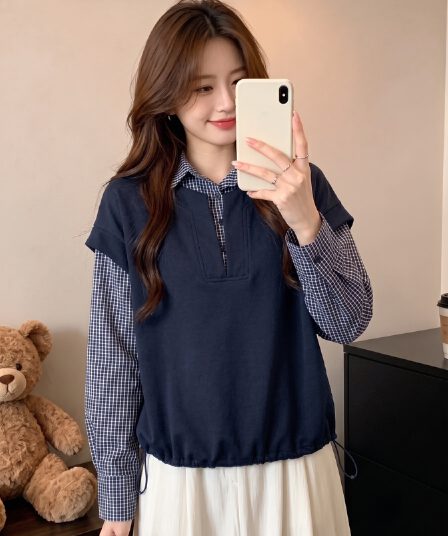 빅 사이즈 지방 mm 한국 스타일 디자인 센스 레트로 페이크 레이어드 체크무늬 여성 셔츠 가을 느긋한 바람 루즈핏 슬림해 보이는 맨위