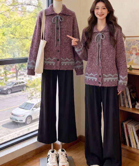 느긋한 바람 폴로 칼라 레이스업 스웨터 여성 회색 자카드 니트 오픈 가디건 루즈핏 레트로 분위기 센스 외국 가스 재킷