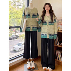 批发蓝色复古提花<b class='q'>毛衣外套</b>女2026新款秋冬季软糯宽松撞色圆领针织开衫
