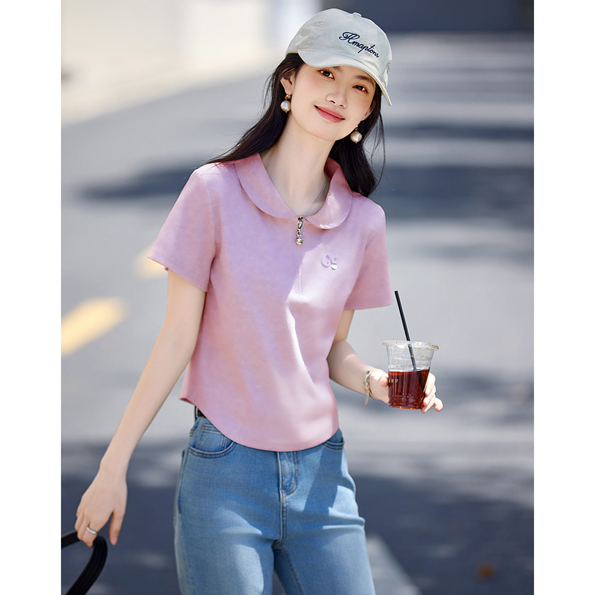 FA30082# 甜美减龄polo领小衫夏新小个子不对称T恤女上衣