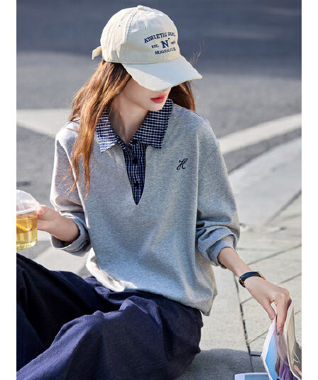 캐주얼 출퇴근 느슨함 센스 패치워크 체크무늬 칼라 후드티 26 년 봄 새로운 품격 다용도 폴로 칼라 맨위 여성