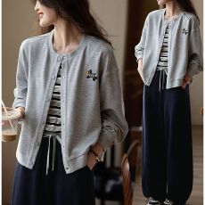 批发灰色刺绣开衫显瘦<b class='q'>百搭</b>外套女2026春季新款圆领通勤感卫衣春秋款