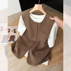 批发棕色西装马甲<b class='q'>女</b>2026春新款复古无袖叠穿背心设计感小众坎肩<b class='q'>外套</b>