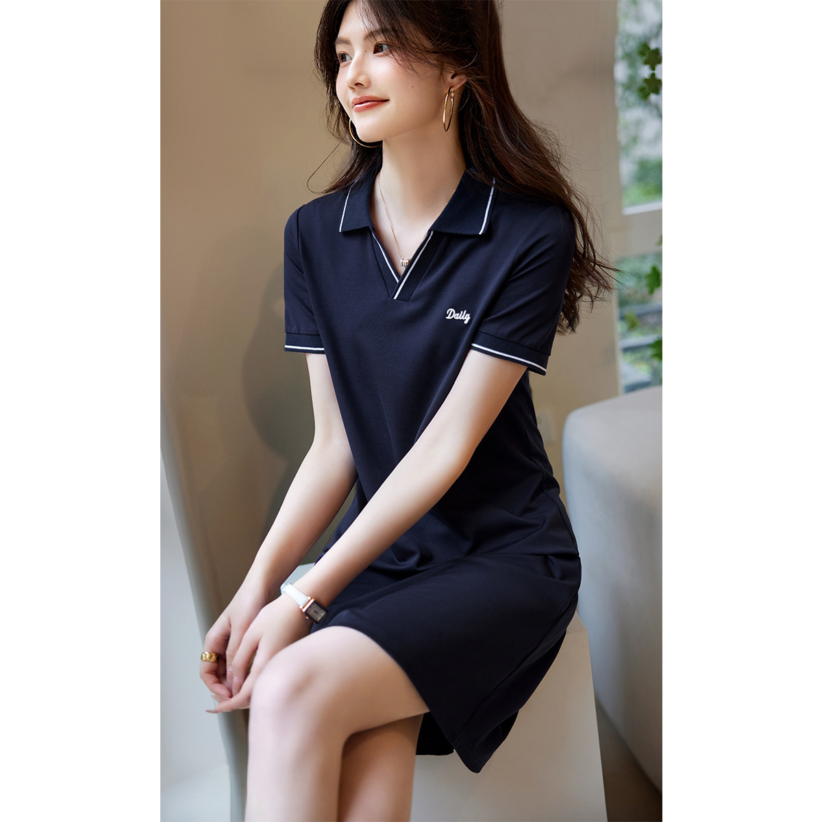태연자약하다 반경 26 여름 한 마디 허리 수축 자르기 polo 네클라인 직장 캐주얼 균형 드레스