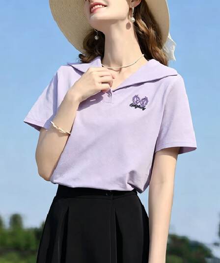 레트로 해군 칼라 자수 반팔 티셔츠 여성 2026 여름 새로운 품격 출퇴근 캐주얼 다용도 슬림해 보이는 맨위