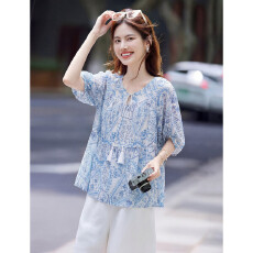 批发清新靓丽百搭优雅淑女气质印花雪纺显瘦中长袖衬衫26夏新款小衫