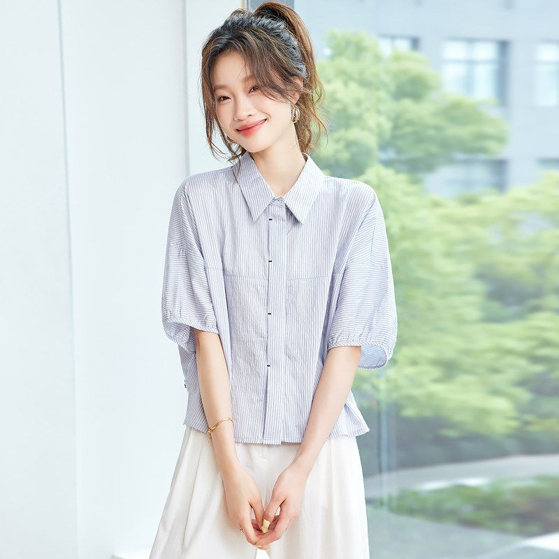 고급 센스 폴로 칼라 반팔 스트라이프 오픈 가디건 맨위 여성 여름 새로운 외국 가스 캐주얼 다용도 차가운 센스 허리 수축 셔츠