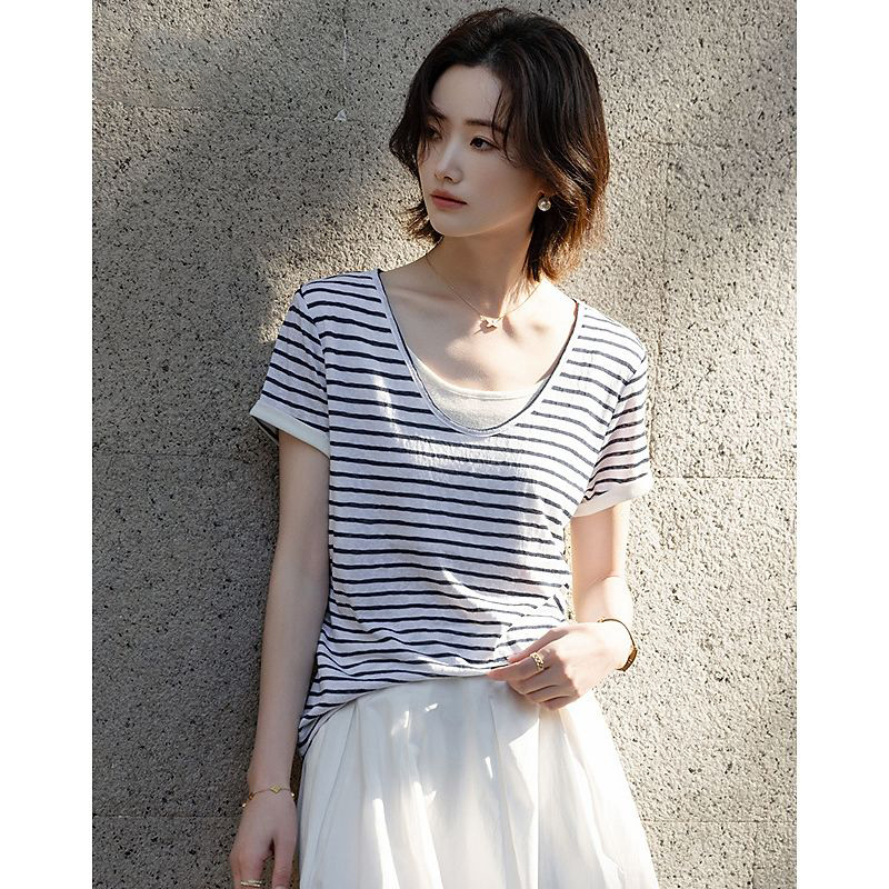 상쾌 라이 경기 서울 여름 높음 폭탄 레트로 페이크 레이어드 배색 스트라이프 슬림해 보이는 숨기기 고기 티셔츠 여성 고급