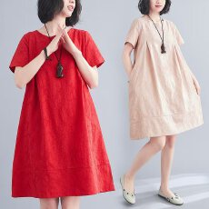 批发2026夏季新款时尚休闲显瘦宽松洋气提花棉麻短袖<b class='q'>连衣裙</b>中长女