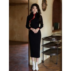 批发威廉古堡优雅知性气质秋冬高端修身显瘦黑色改良版<b class='q'>旗袍</b><b class='q'>连衣裙</b>女