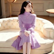 批发法式高级感小香风收腰紫色毛衣连衣裙外穿2025冬季打底针织裙子