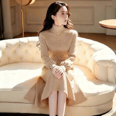 批发法式高级感小香风收腰卡其色毛衣连衣裙2025冬季加厚打底针织裙子