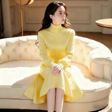 批发法式高级感小香风收腰黄色毛衣连衣裙2025冬季加厚打底针织裙子