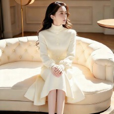 批发法式高级感小香风收腰白色毛衣连衣裙2025冬季加厚打底针织裙子