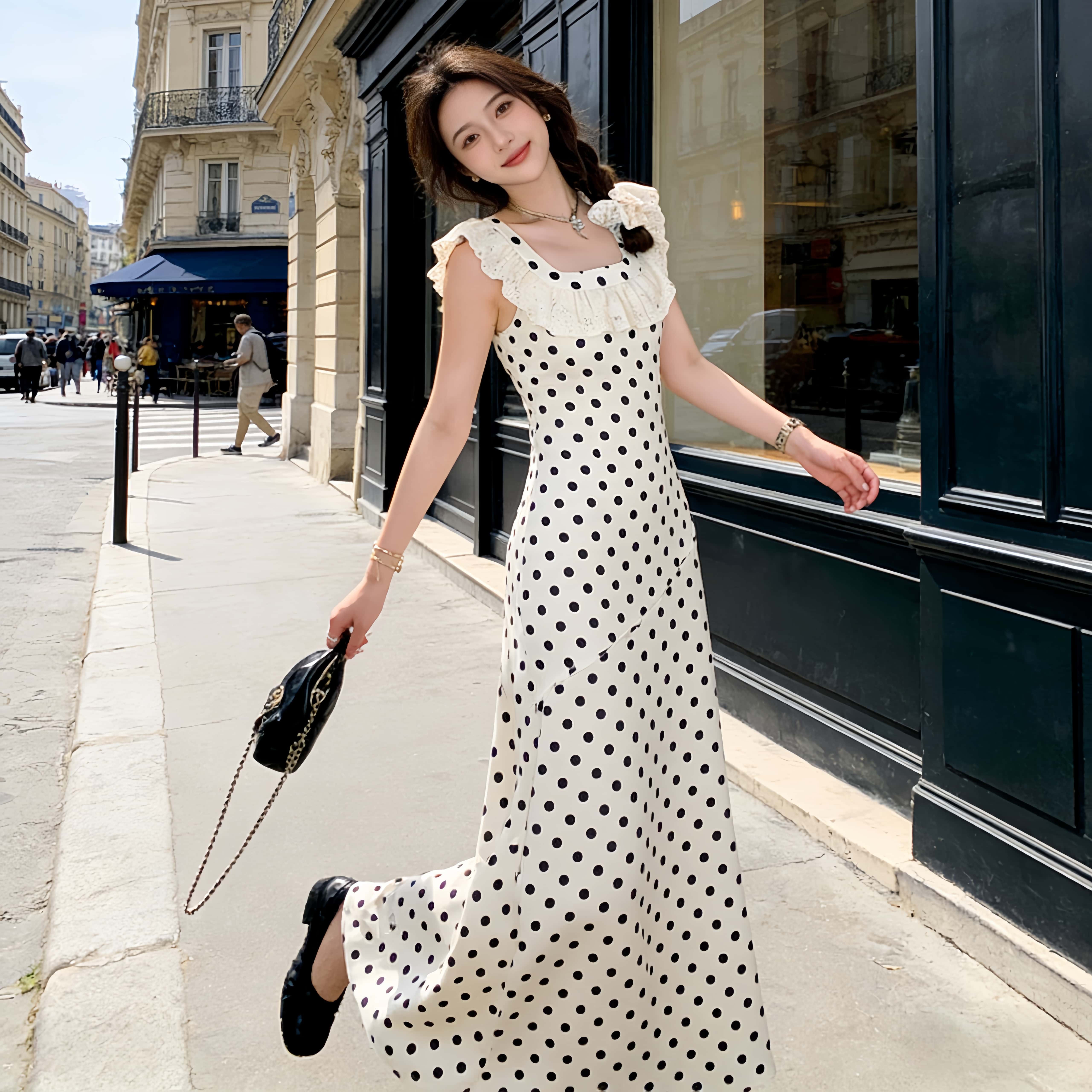 BY15164# 温柔绝美波点缎面收腰连衣裙法式气质显瘦无袖长裙设计感女夏 服裝批發女裝批發服飾貨源