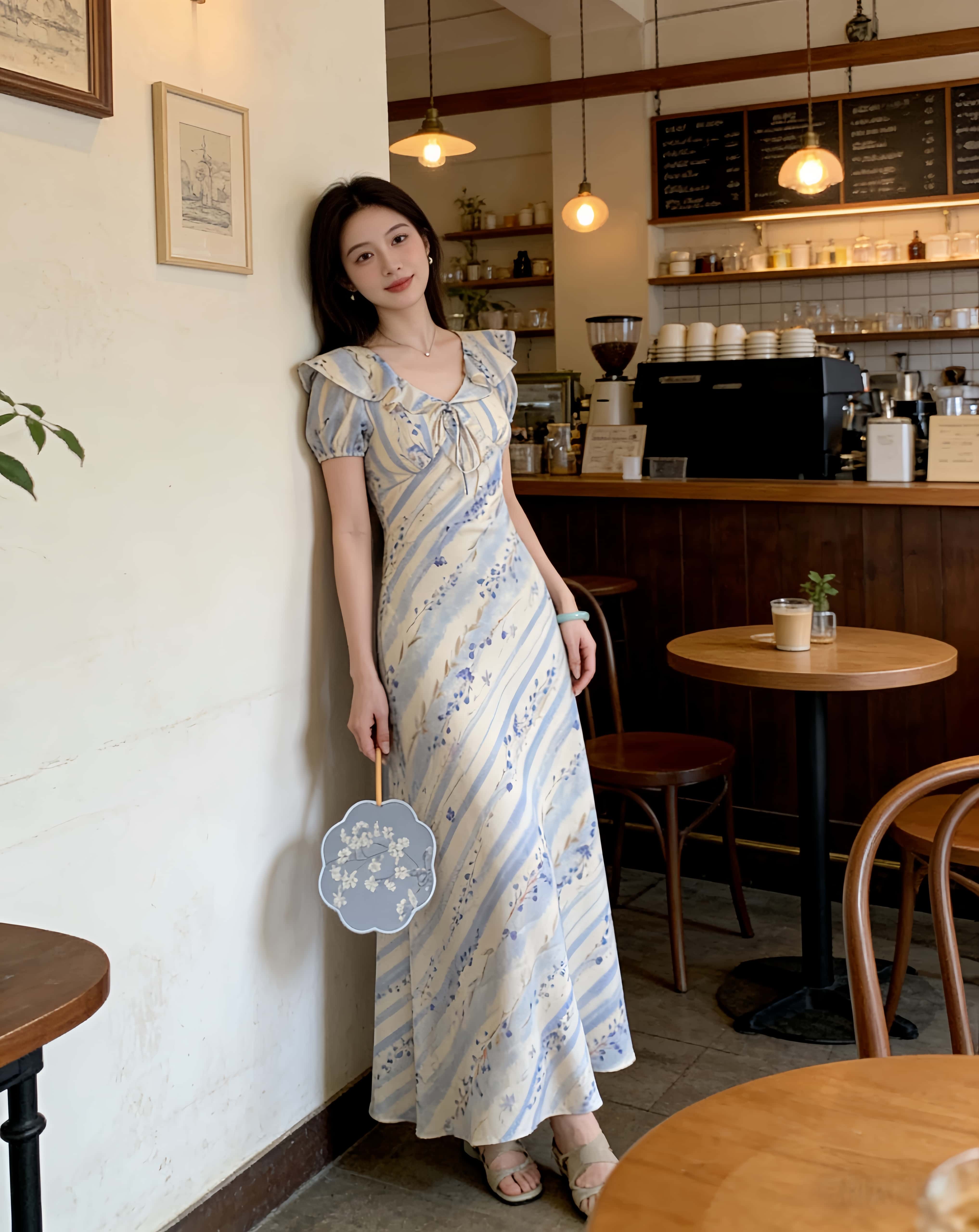 BY15163# 夏季新款法式斜裁紫藤花荷叶领印花气质长款连衣裙 服裝批發女裝批發服飾貨源