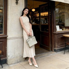 批发实拍法式设计感蕾丝拼接白色连衣裙女装夏季新款时尚气质无袖长裙