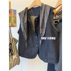 批发MUYANG 丝巾坎肩2025<b class='q'>秋</b>季新品 复古水洗深蓝色牛仔马甲背心外套女