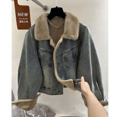 批发高端欧货冬季新款加厚复古毛毛<b class='q'>牛仔</b>外套小个子短款气质保暖外套女