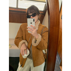 MUKOK冬日往事~ 仿麂皮绒皮毛一体外套女美拉德复古加厚机车服