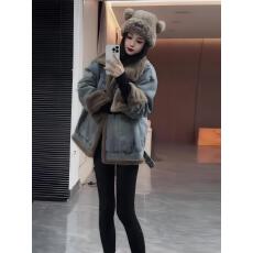 批发复古水貂绒牛仔外套女2025冬季新款<b class='q'>宽松</b>保暖毛茸茸加厚棉服派克服