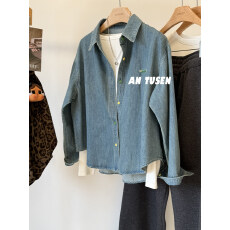 批发2025秋冬新款胸前别针刺绣彩扣翻领水洗做旧抓绒<b class='q'>牛仔</b><b class='q'>衬衫</b>女